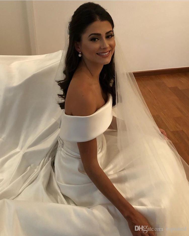 Simple A Cheap E Satin Off The Shoulder Wedding Bridal Gowns Casual Dresses Zipper With Buttons Back Vestidos De Novia