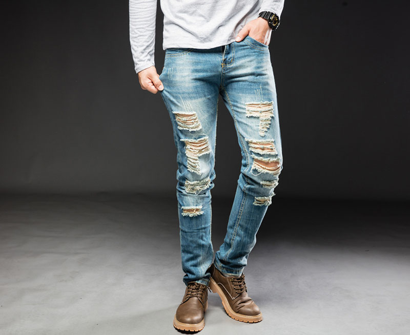 

New Men Casual jeans denim Vintage Ripped Distressed Big Holes jeans Bleached Pencil pants Elastic Mid Waist high quality, T-408
