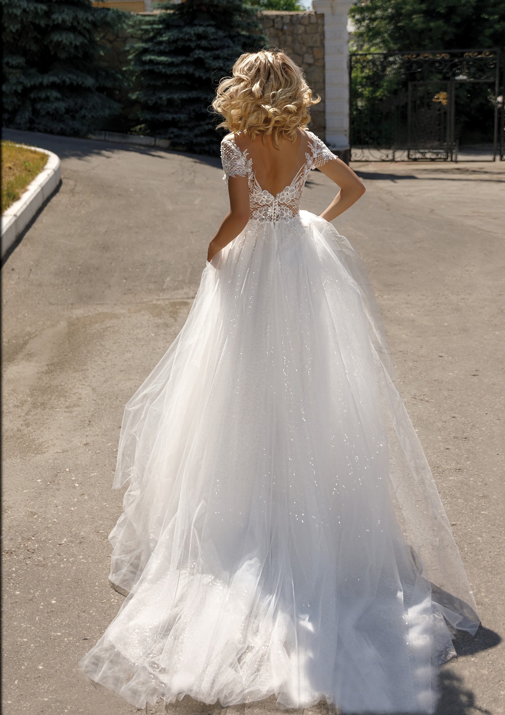 Sprakly A Line Wedding Dresses Illusion Sequins V Neck Appliques Bridal Gowns Short Sleeve Backless Bling Bling Beach Wedding Dress