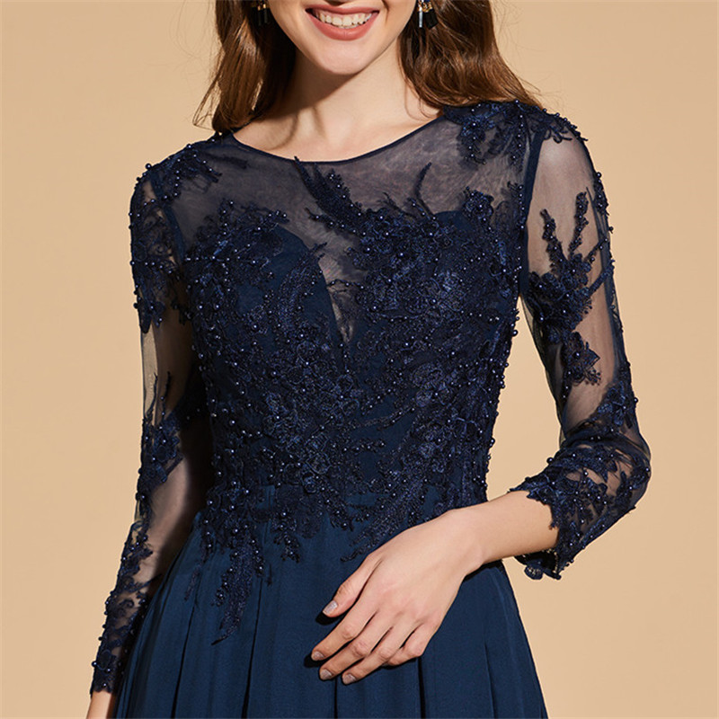 Elegant Navy Blue Chiffon A Line Prom Dresses Custom Long Sleeves Evening Floor Length Hollow Back Party Gowns Robe De Mariée