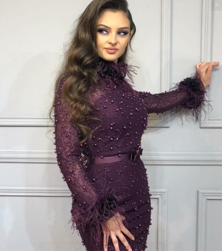 Yousef aljasmi Short Evening Dresses Sheath Feather Dark Purple Tea length High neck Long sleeve Party Gowns Short Prom Dresses