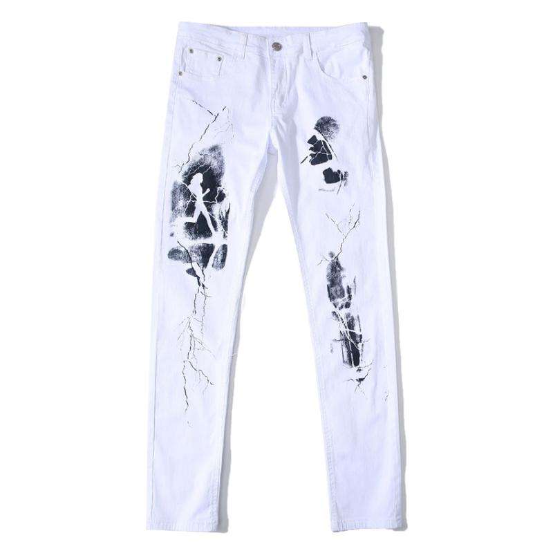 Men's White Printed Jeans Letters English Print Stretch Slim Casual Cotton Denim Pants Mens brand Hip hop Jean Trousers 2020 Hot