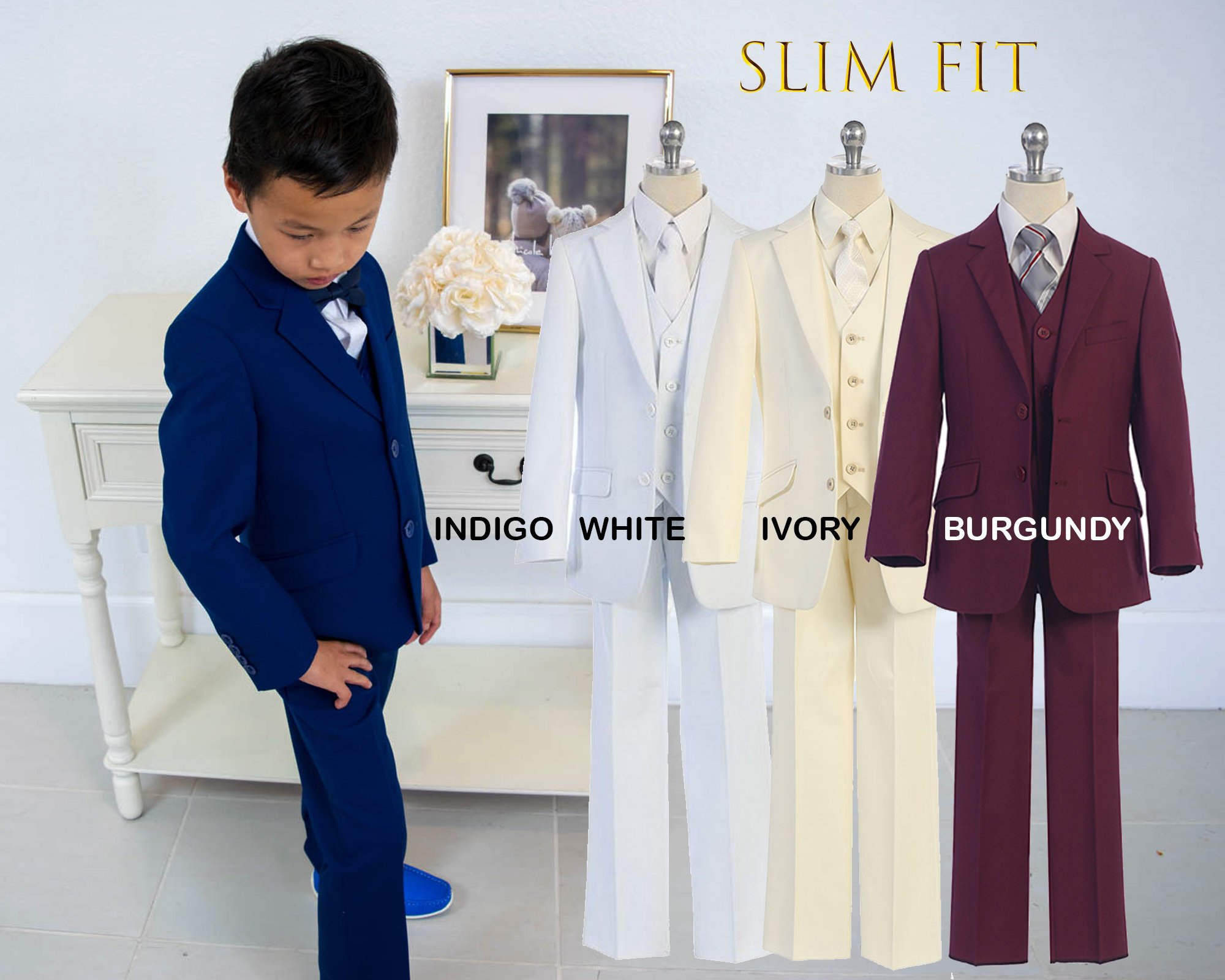 Indigo Boys Formal Suits Tuxedos Dinner Suit Three Piece Little Boy Groomsmen Kids Children Special Occasion Formal Wear (Jackets+Vest+Pant)