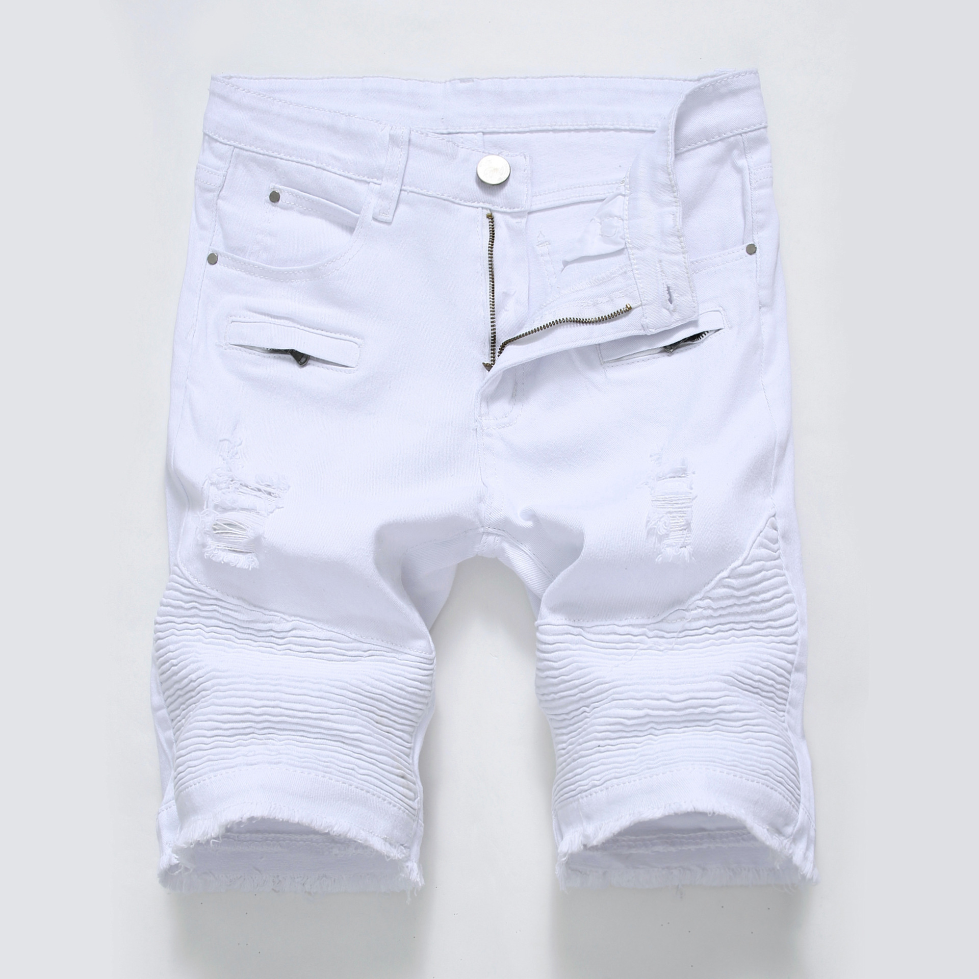 Men Denim Shorts Knee Length Slim Fit Large Size Black And White Hole Worn Out Biker Short Jeans