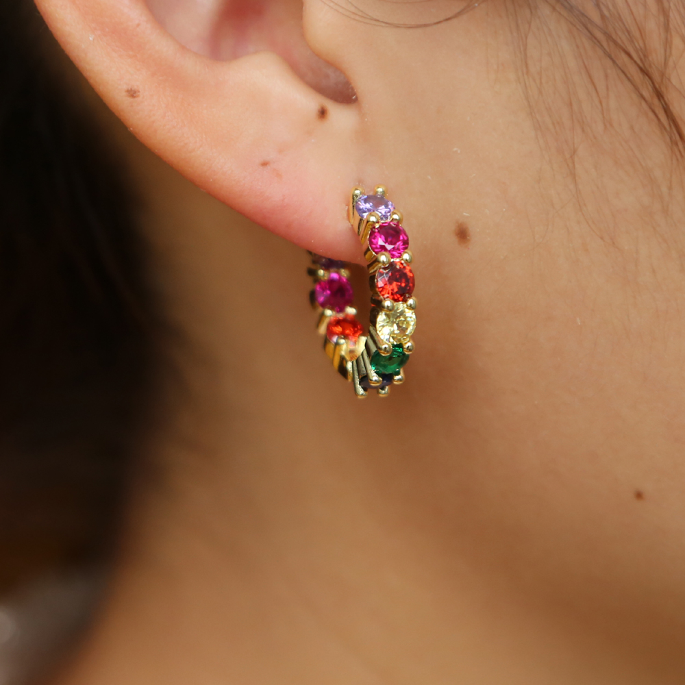 2018 Delicate tiny fashion Jewelry 22 mm rainbow cz hoop earring colorful CZ round circle mini small Earring For cute lovely girl women