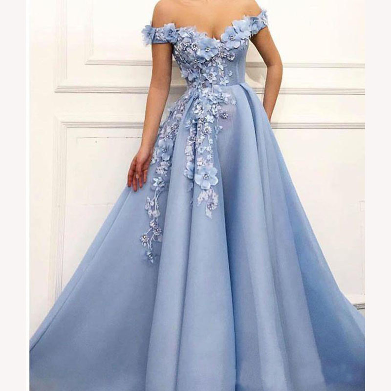 2019 Elegant Off The Shoulder Evening Dresses 3D Flora Appliques Beaded Light Sky Blue Dubai Style Prom Dresses Occasion Dresses