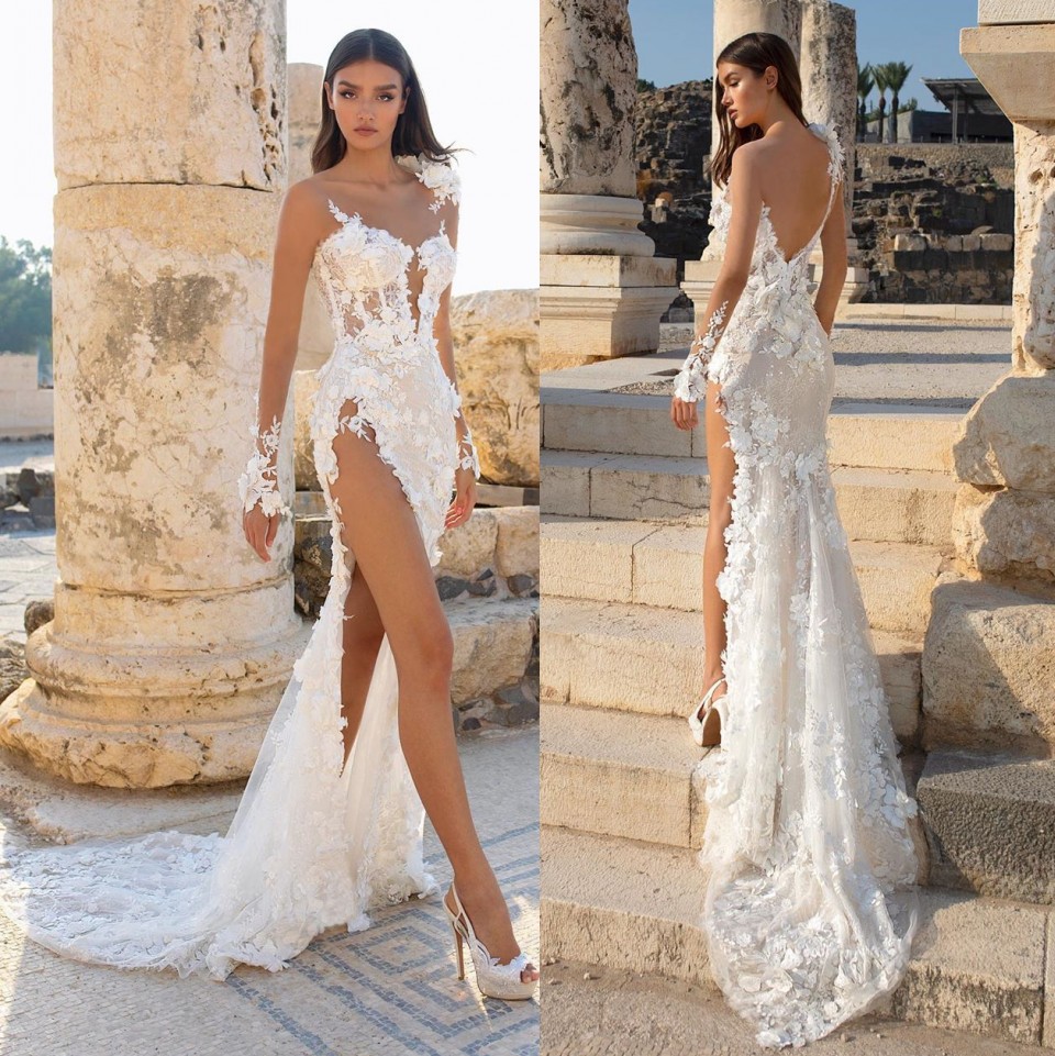 Stylish Lace Mermaid Beaded Backless Wedding Dresses Sheer Plunging Neck Sequined Bridal Gowns Sweep Train Side Split Trumpet robe de mariée