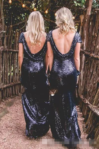 Sparkly Navy Blue Sequins Bridesmaid Dresses Short Sleeves Sexy Backless Maid of Honor Gowns Plus Size Wedding Guest Dress