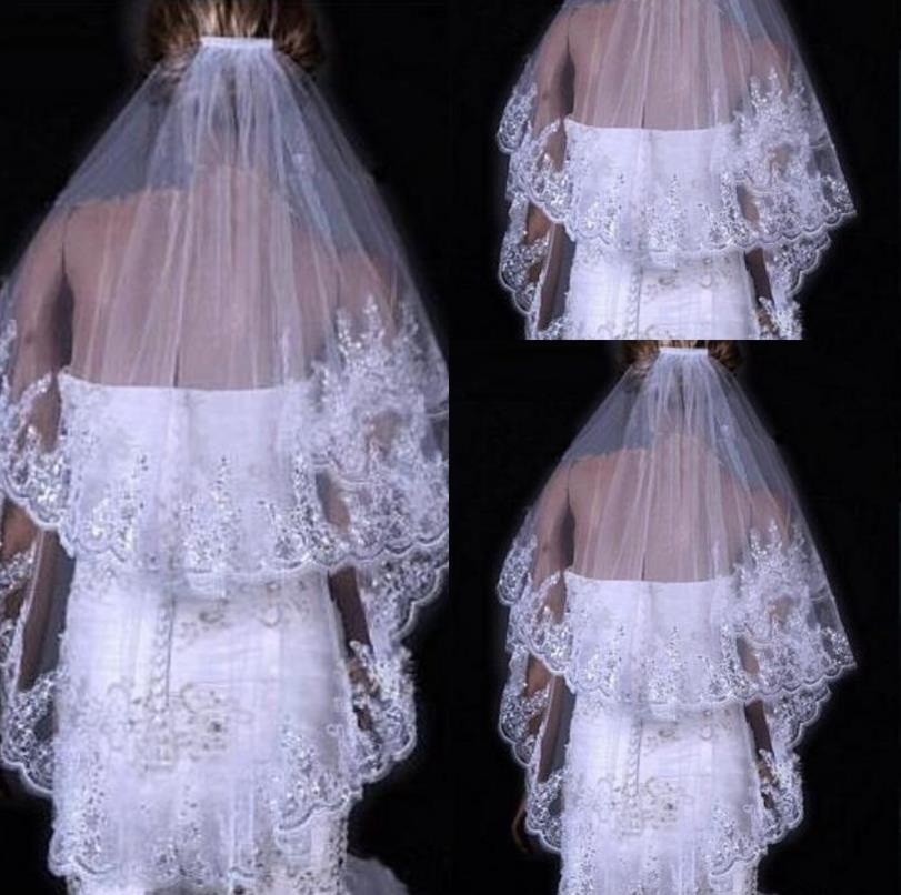 Bridal Sequined Veil 2 layers Lace Edge with Combed Veil White Ivory Wedding Veils Tulle Velos De Novia Bridal Hair Accessories Cheap
