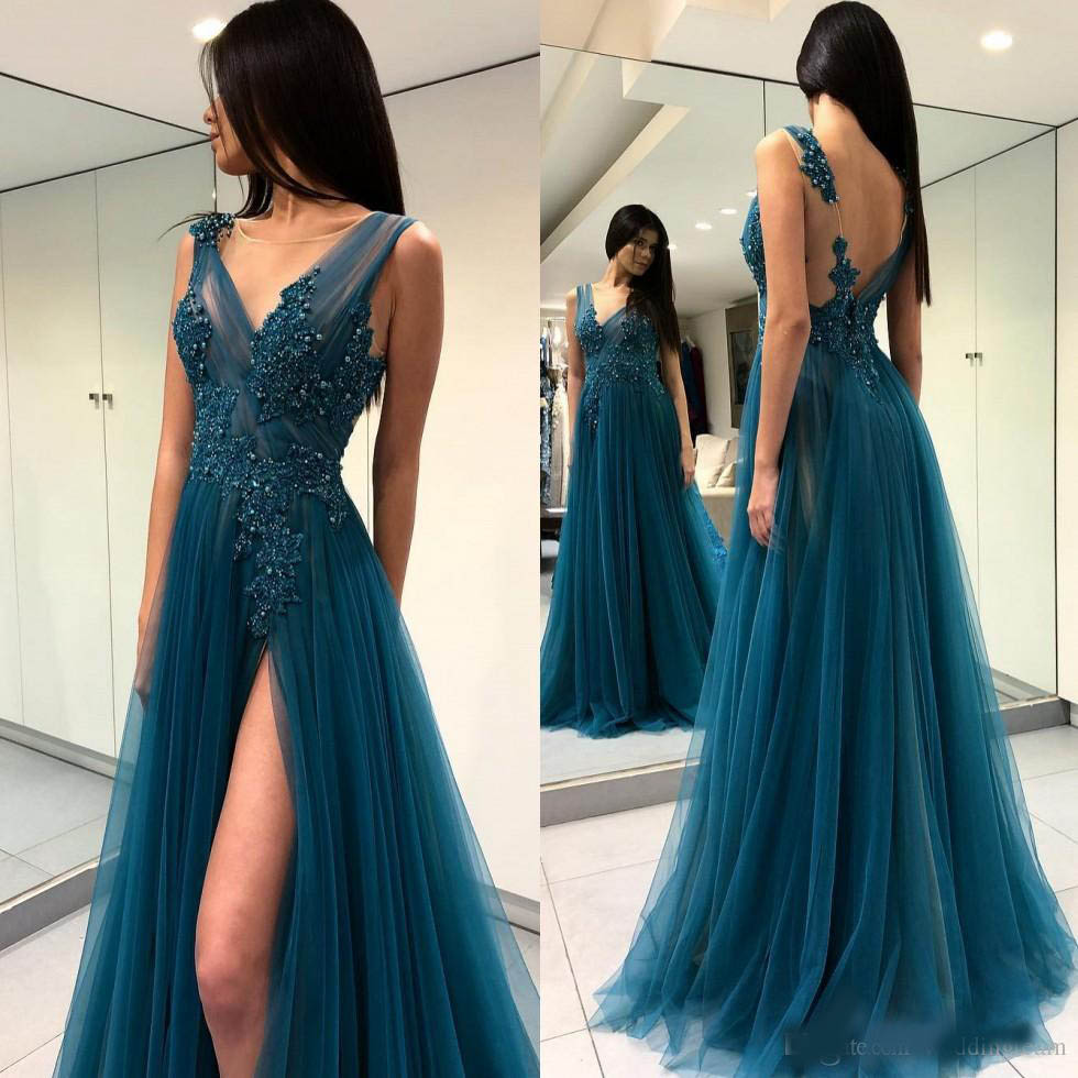 Hot Sale Split Side Prom Dresses Beaded Sheer Bateau Neck Backless Evening Gowns Vestidos De Fiesta Floor Length Tulle Sequined Formal Dress