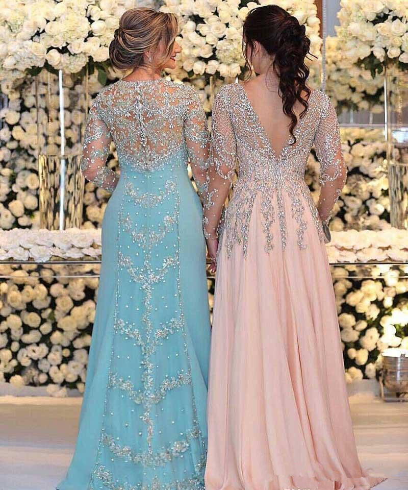 Luxury Beaded Plus Size Mother Of the Bride Groom Dresses with Long Sleeve 2019 Blush Pink Mint Mother Formal Occasion Prom Gowns