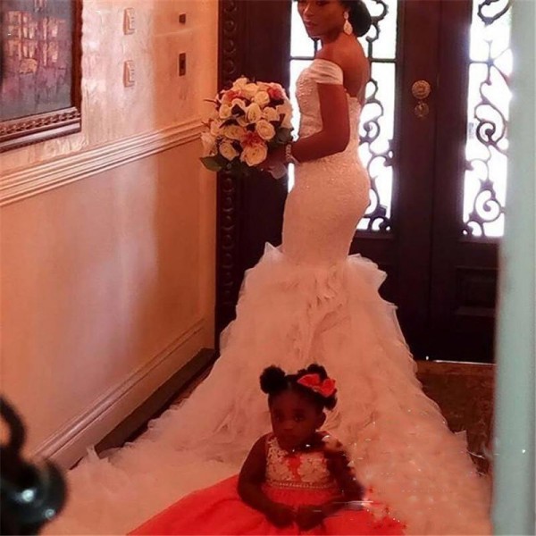 Modern 2019 Nigerian African Wedding Dresses Mermaid Off The Shoulder Straps Ruffles Cathedral Train White Tulle Top Quality Bridal Gowns