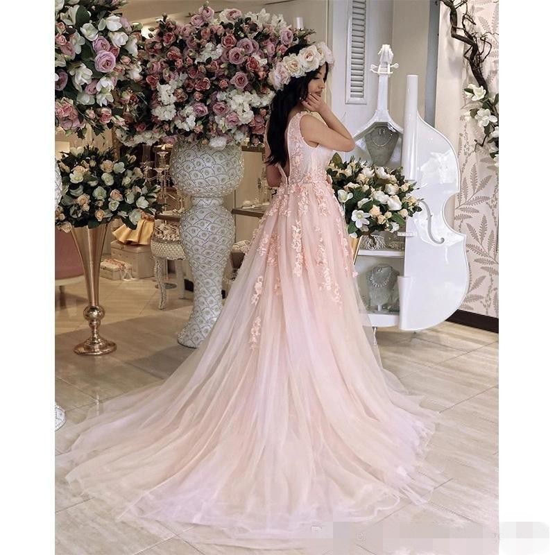 Pink Prom Gorgeous Dresses Tulle D Floral Lace Applique Overskirt Sweep Train Custom Made Evening Party Gowns