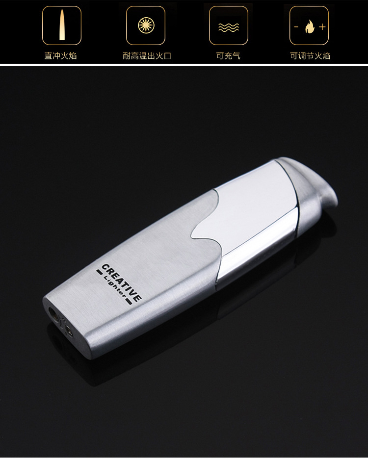 New Arrival Ultra Thin Metal Texture Inflatable Windproof Straight Lighter Blue Flame Creative Personality Jet Torch W260202