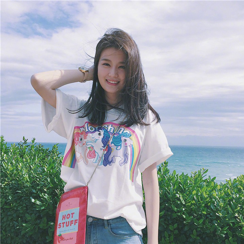 Womens designer t shirts t shirt clothes star Julia with the rainbow three pony cotton T-shirt female loose version short sleeve cartoon, White
Womens designer t shirts t shirt clothes star Julia with the rainbow three pony cotton T-shirt female loose version short sleeve cartoon, White