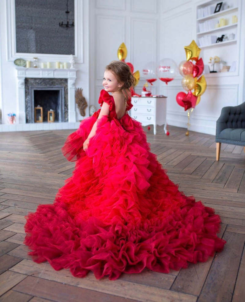 Adorable Gothic Red Cirls Pageant Dresses Princess Ruffles High Low Christmas Flower Girls Dress First Communion Gowns