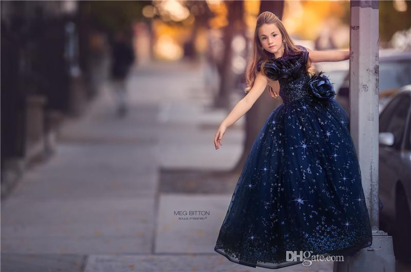 luxury royal blue girls pageant dresses princess ball gown crew neck with big sequins ruffles kids formal flower girls dresses