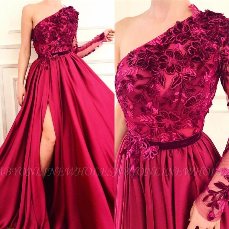 One Shoulder Lace High Split Prom Dresses Tulle Long Sleeve Applique Satin Ruched A Line Sweep Train Formal Party Evening Gowns, Water melon
One Shoulder Lace High Split Prom Dresses Tulle Long Sleeve Applique Satin Ruched A Line Sweep Train Formal Party Evening Gowns, Water melon