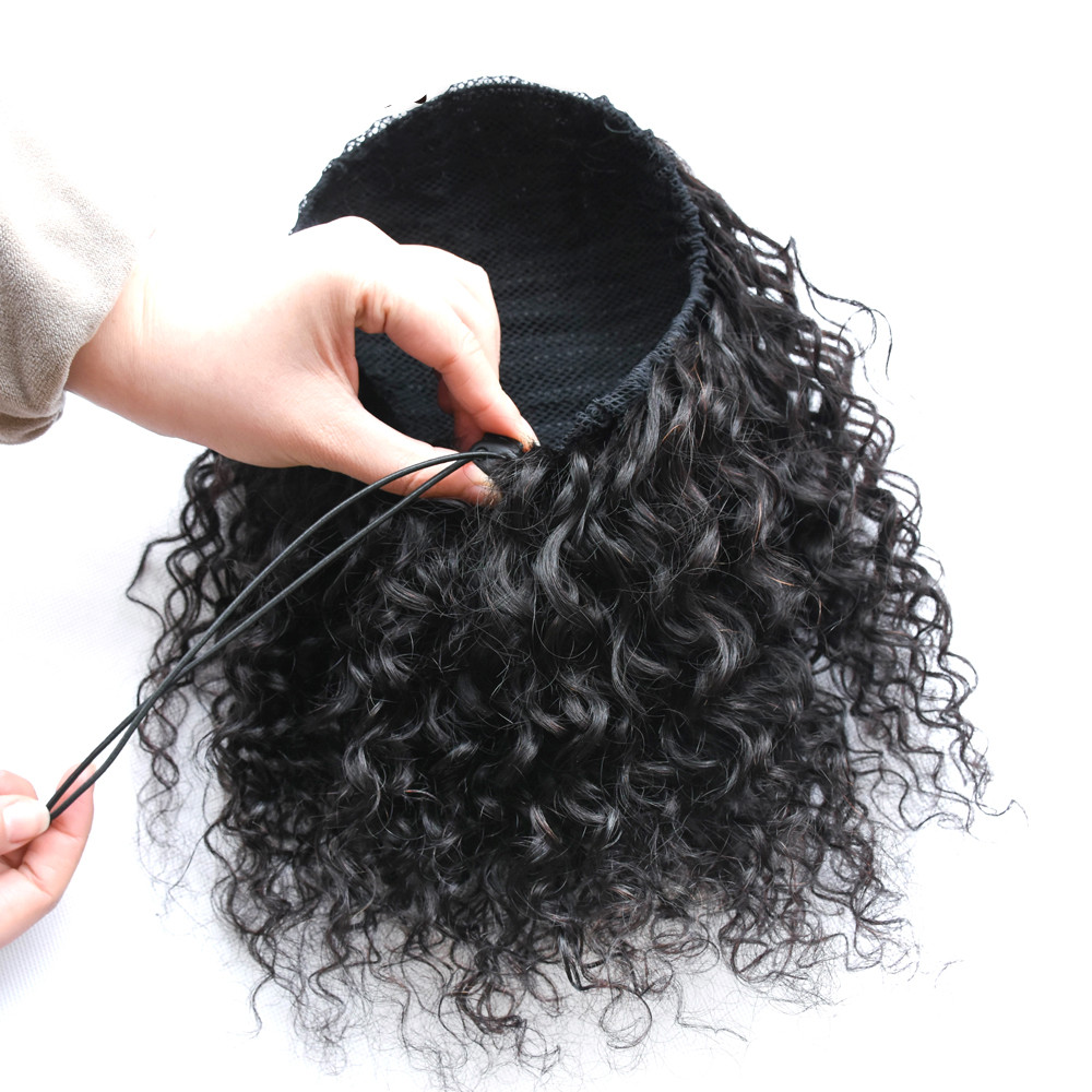 Afro Kinky Curly Puff Human Hair Ponytail Extension For Black Women Drawstring Curly African American Human Hair With Double Clips String