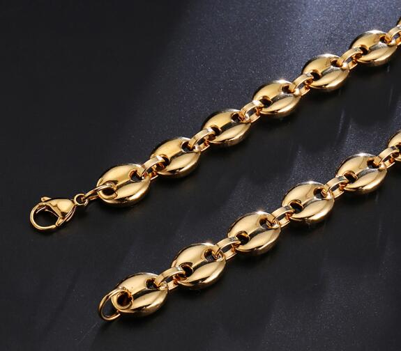 8-36'' HIP Hop Width 9MM Stainless Steel Gold Coffee Beans Link Chain Necklace Chain bracelet 316L Stainless For Men Women Fashion Jewelry
