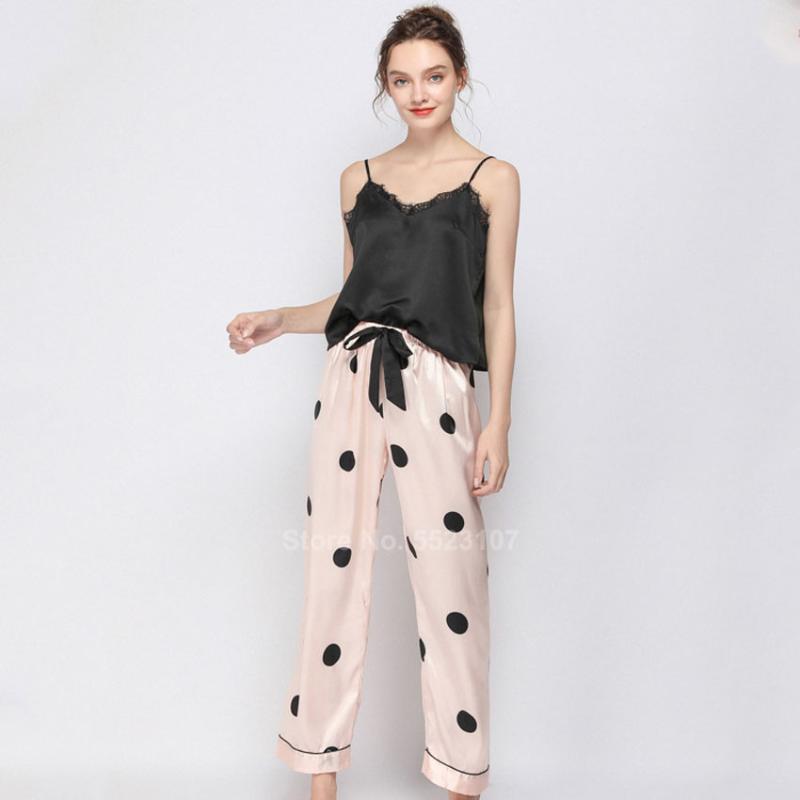 Women Summer Suspenders Tank Top Trousers Pajamas Set Silk Lace Sexy Female Striped Dot Sleepwear Loose Style Comfy Loungewear
Women Summer Suspenders Tank Top Trousers Pajamas Set Silk Lace Sexy Female Striped Dot Sleepwear Loose Style Comfy Loungewear