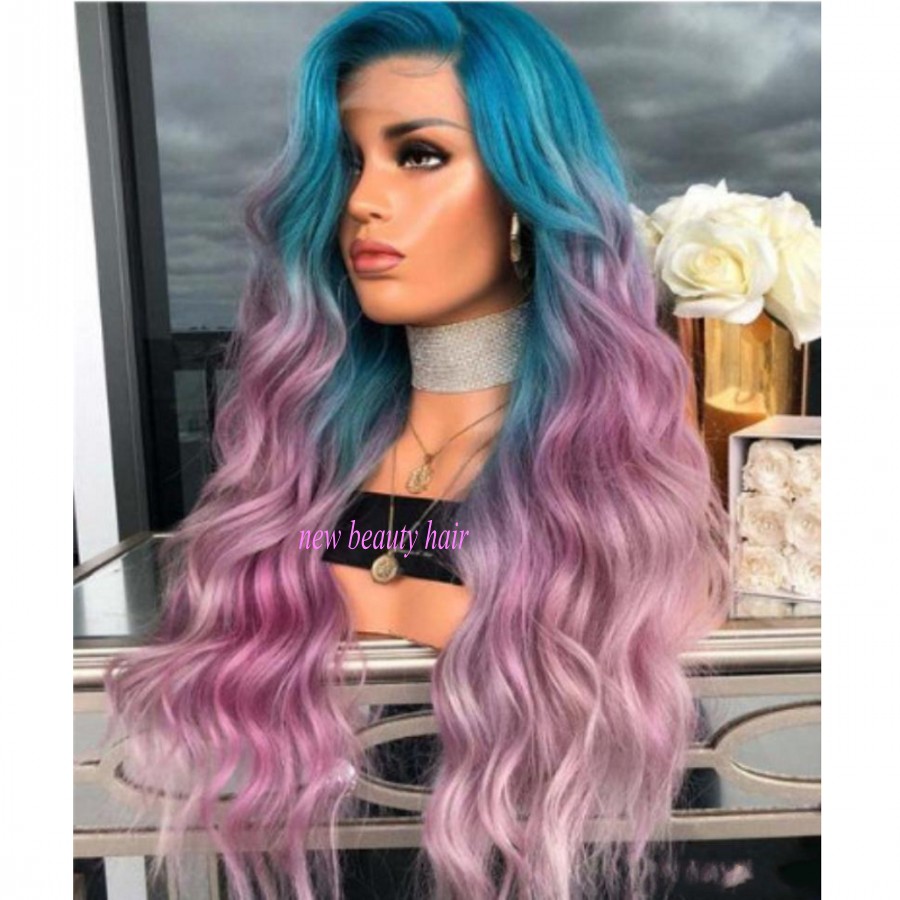 Free shipping New fashion Peruca Cabelo Deep Long Body Wave Hair Wigs celebrity style blue Ombre pink ple Synthetic Lace Front Wig For Women