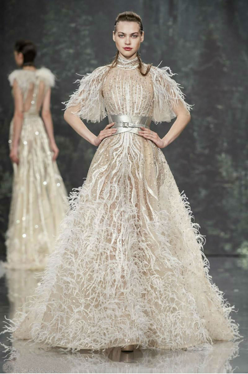 Ziad Nakad Luxury Prom Dresses A Line Sequins High Neck Feathers Beaded Evening Dress Customized Party Gowns vestidos de festa