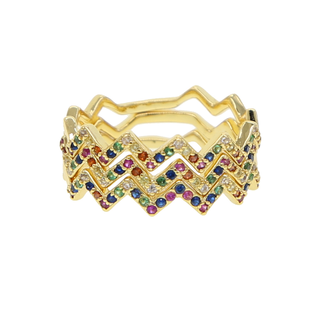 Fashion-Gold filled paved multi color rainbow cz stack wave finger rings for party wedding gift 2018 latest new arrived cz jewelry