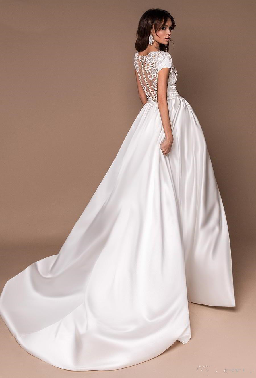 2020 New White Wedding Dresses With Satin Detachable Train Lace Bridal Gowns Front Split Illusion Princess Boho Beach Wedding Dress Cheap