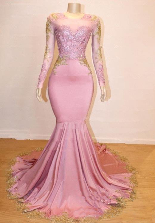 Pink and Gold Mermaid Prom Dresses with Long Sleeve Sexy Jewel Neckline Sheer Formal Evening Gowns Cocktail Party Red Carpet Dresses