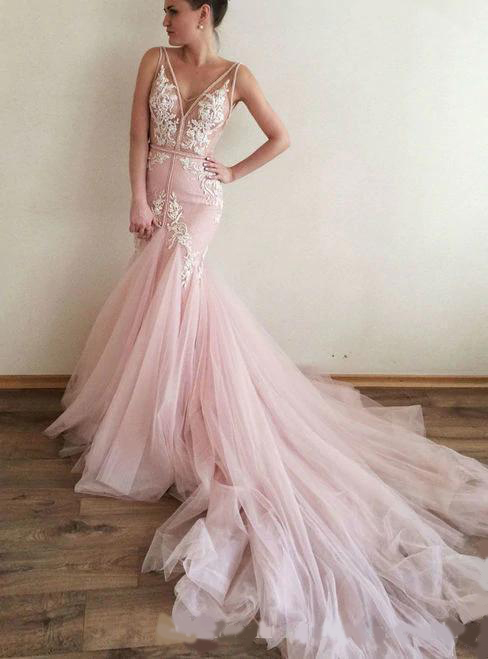 Sexy Wedding Dress V-Neck Tulle Blush Pink Wedding Dress Sweep Train Mermaid Wedding Dresses Lace Appliques Backless robes de mariée