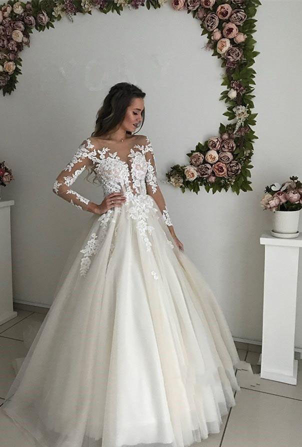 Cheap Sheer Long Sleeve Wedding Dress High Quality A Line Lace Appliques Country Garden Church Formal Bridal Gown Custom Made Plus Size