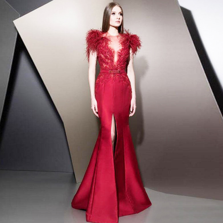 Ziad Nakad 2020 Mermaid Evening Dresses Feather Lace Appliques Long Sleeve Prom Gowns Plus Size Customized Front Split Formal Party Dress, Dark red
Ziad Nakad 2020 Mermaid Evening Dresses Feather Lace Appliques Long Sleeve Prom Gowns Plus Size Customized Front Split Formal Party Dress, Dark red