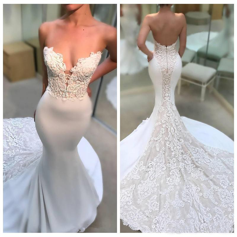 Sweetheart Slim Lace Appliques Mermaid Wedding Dresses Long Sexy Backless Petite Garden Spring Bridal Gowns Cheap Long