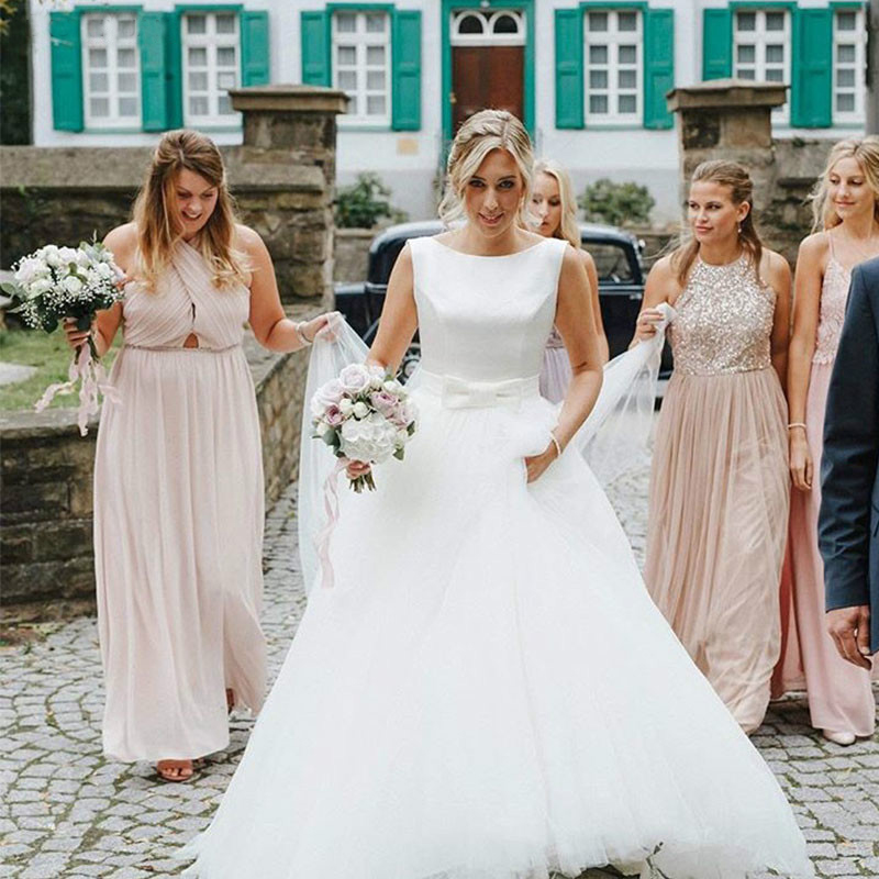 dress bateau 2019 Cheap Satin Elegant Tulle Skirt A e or Length Backless Bridal Gown Dresses plus size wedding dresses