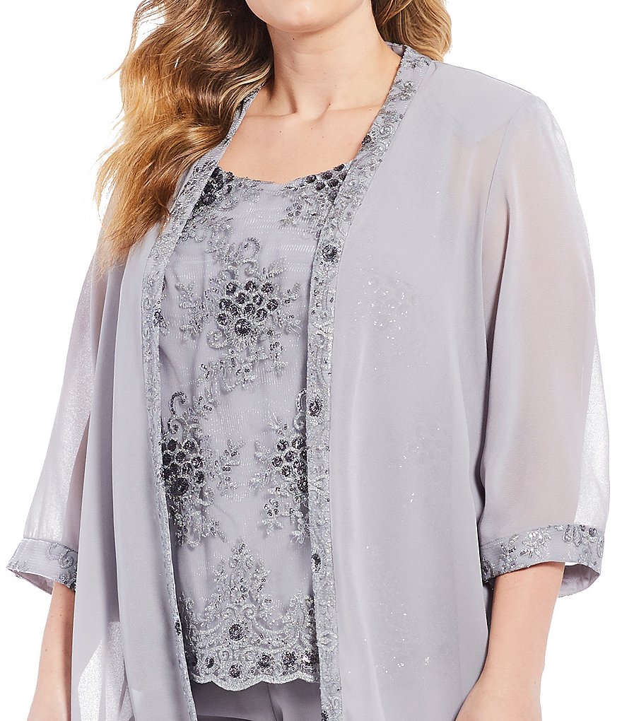 Plus Size Mother Of The Bride Dresses With Jacket Lace Chiffon Long Sleeves Three Pieces Silver Wedding Guest Dress Evening Gowns