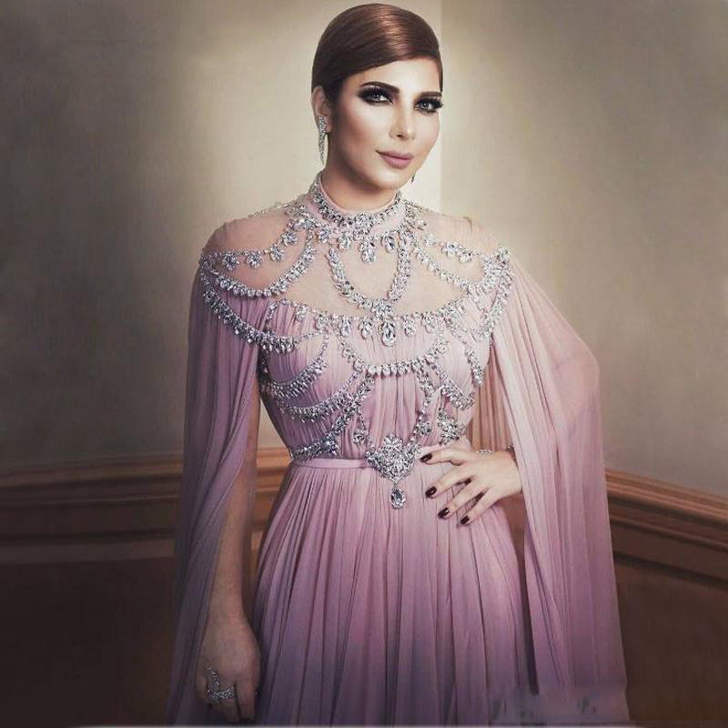 Arabic Chiffon Long Evening Dresses Elegant for Women Dubai Caftan Crystal High Neck Prom Gown Formal Dress Robe de soiree