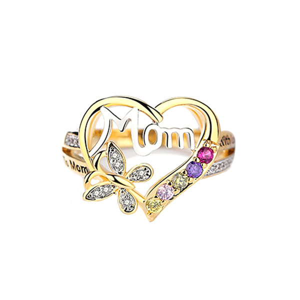 Hot Selling Elegant Gold Filled Mom Ring with Side Stones Colorful Crystal Love Heart Love Mom Ring Mother's Day Gifts