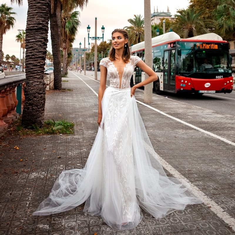 Mermaid Beading Gorgeous Backless Wedding Dresses With Detachable Train Sheer Deep V Neck Bridal Gowns Tulle Trumpet Robe De Marie