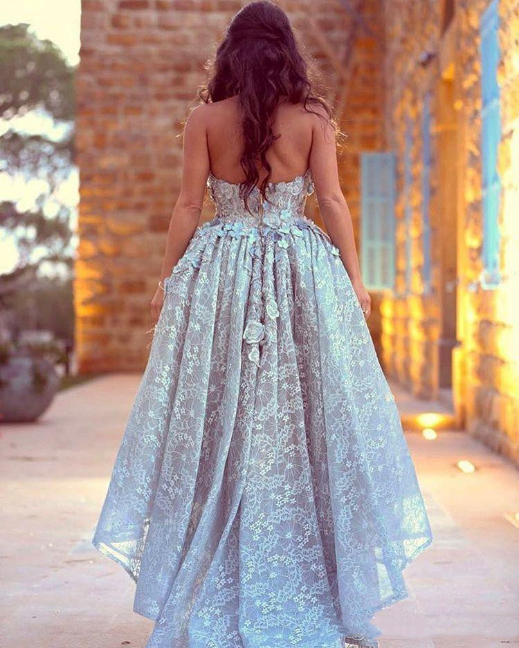 Hi Lo Light Blue Prom Dresses Sweetheart Lace Ruffle Plus Size Evening Gowns Strapless 2020 Party Dress