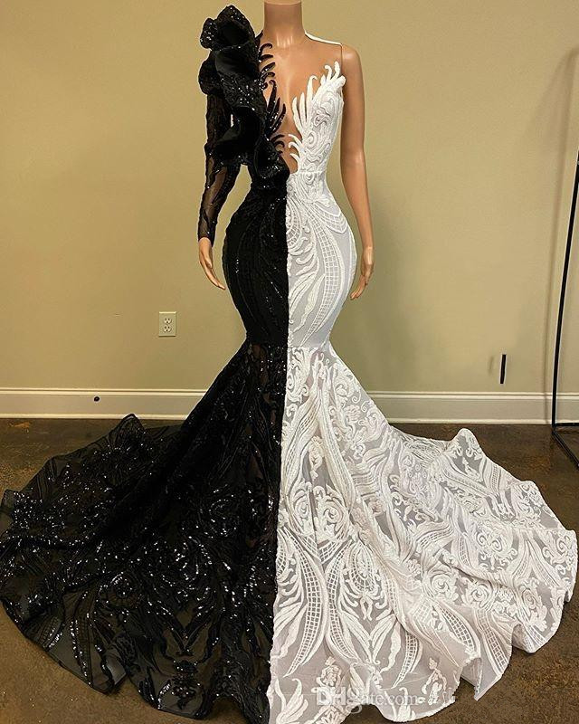 Black And White Mermaid 2020 Prom Dresses Lace Sequined Evening Dress African One Shoulder Long Sleeve Party Vestido