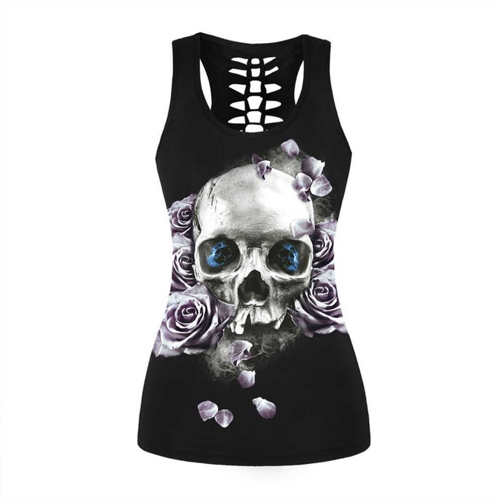 New Women Fitness Sporting Sleeveless Tank Top 3d Flower Skull Printed Vest Tops Female Gothic Style Sexy Slim Vintage Clothing Y190123