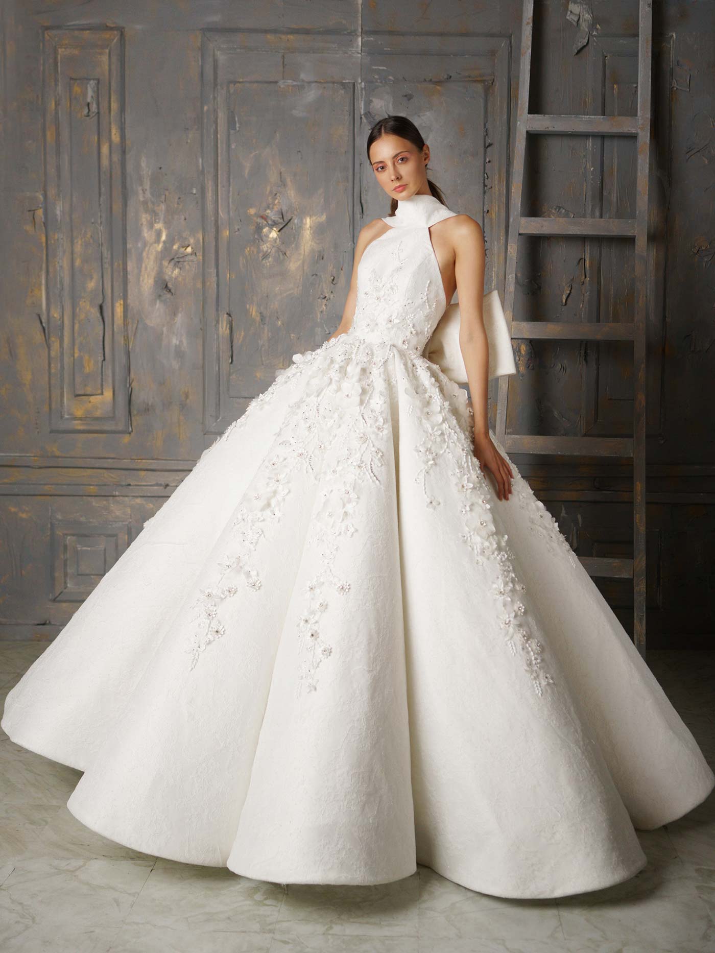 Ashi Studio Evening Gowns Luxury Ruffles Halter Sleeveless A-Line 3D Floral Appliqued Bead Prom Dress Satin Arabic Formal Dubai Abaya