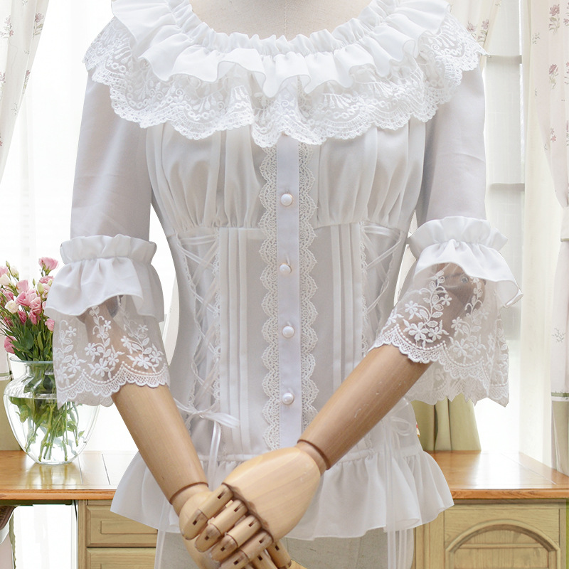 Lolita Women's Chiffon Blouse White Black Half Flare Sleeve with Ruffled Layered Collar Side Lace-up and Lace Accents S-XXL Free Shipment
