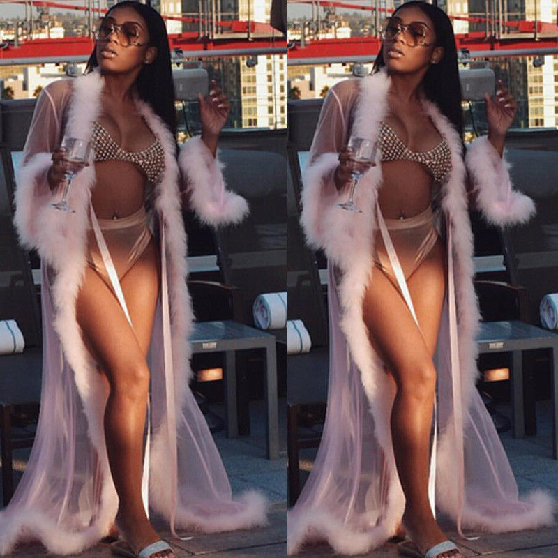 Fashion Long Sleeve Nightgowns Illusion Sleepwear Women Red Lace Robe Sexy Lingerie Chiffon Nightwear Underwear Babydoll Fur Bathrobe