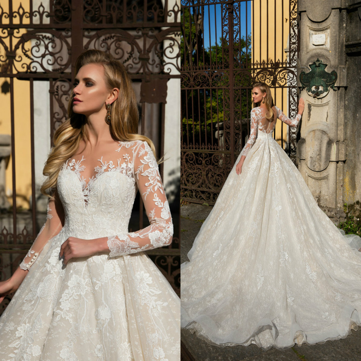 2020 Bohemian Wedding Dresses Scoop Neck Appliqued Long Sleeves Lace Bridal Gowns Ruffle Sweep Train Custom Made Robes De Mariée