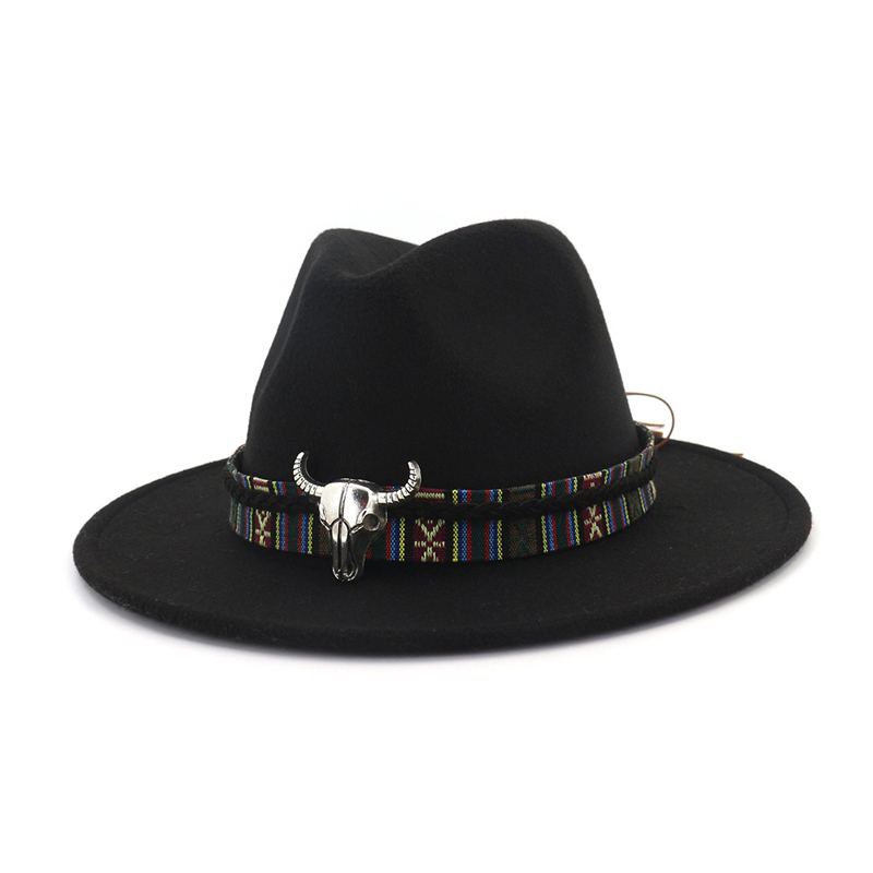 Fashion- Wide Brim Cowboy Fedora Hat Bull Head Decoration National Style Men Women Wool Felt Trilby Ethnic Gambler Hats Jazz Panama Caps