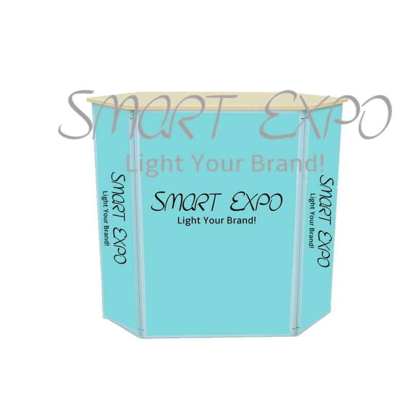 Prismatic Style Portable Folded Counter for Trade Show with Folding Gear Structure HDF Table Top And Shelves PVC Printed Graphics
Prismatic Style Portable Folded Counter for Trade Show with Folding Gear Structure HDF Table Top And Shelves PVC Printed Graphics