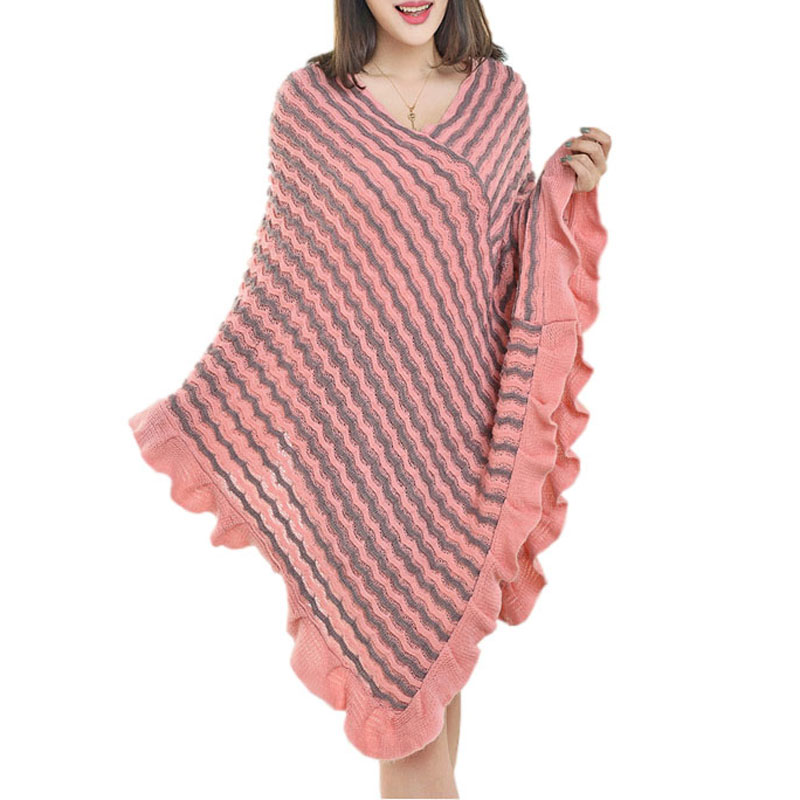 Women Poncho Sweaters Autumn Tricot Wave Striped Capes Oversized Knitted Batwing Sleeve Ruffles Shawl Hnitted Sweater Sueter, White 
Women Poncho Sweaters Autumn Tricot Wave Striped Capes Oversized Knitted Batwing Sleeve Ruffles Shawl Hnitted Sweater Sueter, White