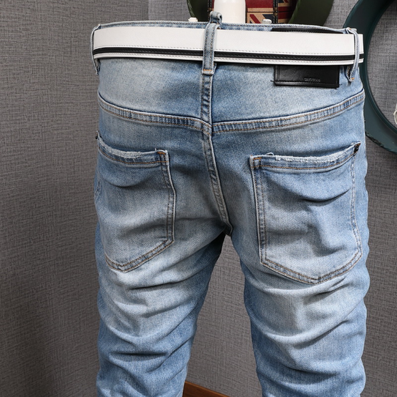 Print Distressed Blue Jeans Guy Slim Biker Fit Skinny Leg Ripped Fading Cowboy Trousers Men